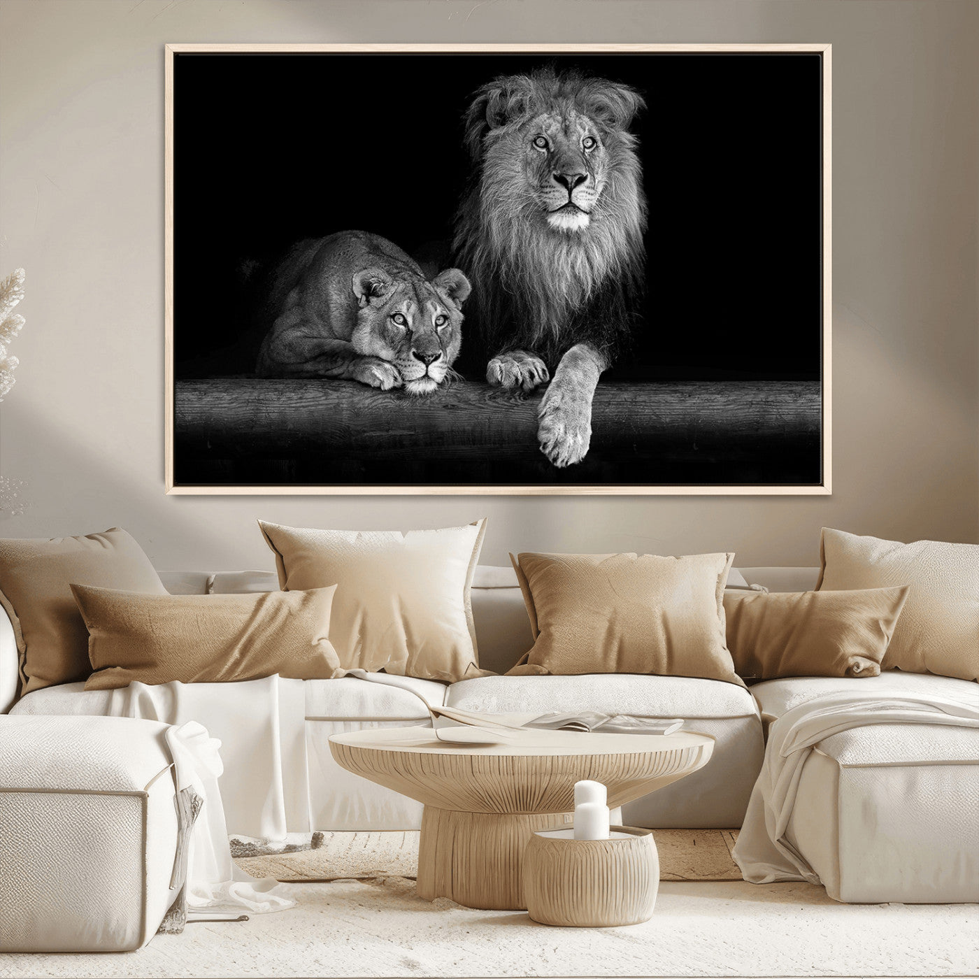 MGV-FC-36X24 - Large Black and White Lion Couple Wall Art Canvas Print