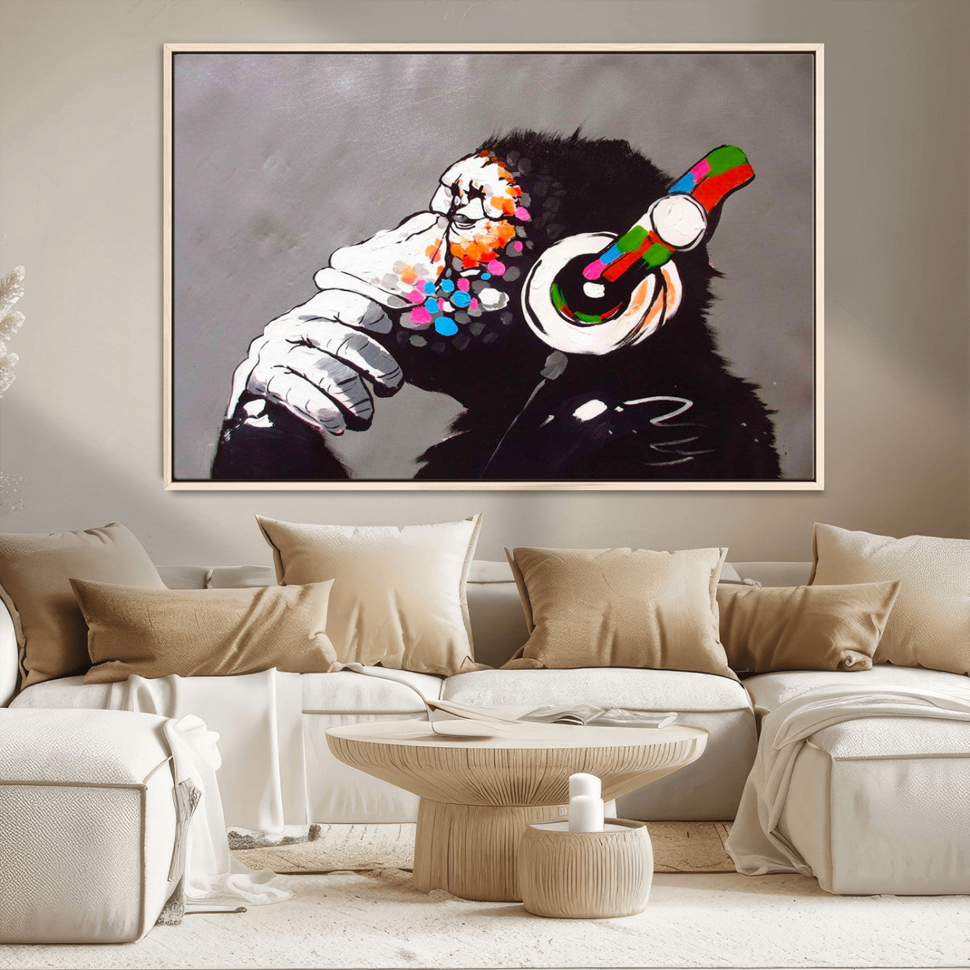 MGV-FC-36X24 - Dj Monkey Listening to Music Wall Art Print | Banksy Monkey Large Canvas Print for Living Room,