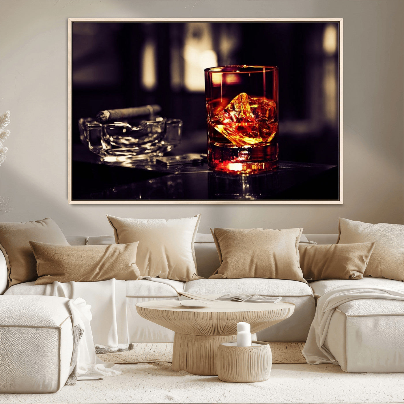 MGV-FC-36X24 - Whiskey and Cigar Canvas – Luxurious Wall Art for Home or Bar – Glass and Cigar Scene Print Canvas