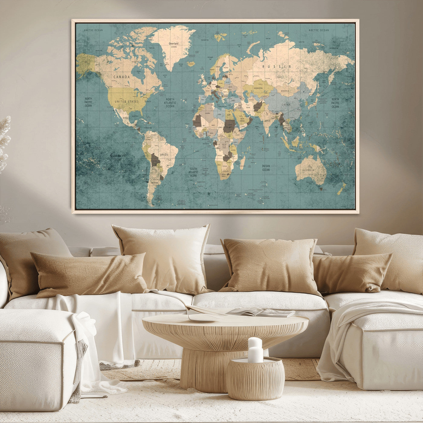 MGV-FC-36X24 - Classic World Map Wall Art Canvas Print, Framed Retro Map Art Picture Print, Vintage Atlas Perfect Rustic Explorer Decor Artwork