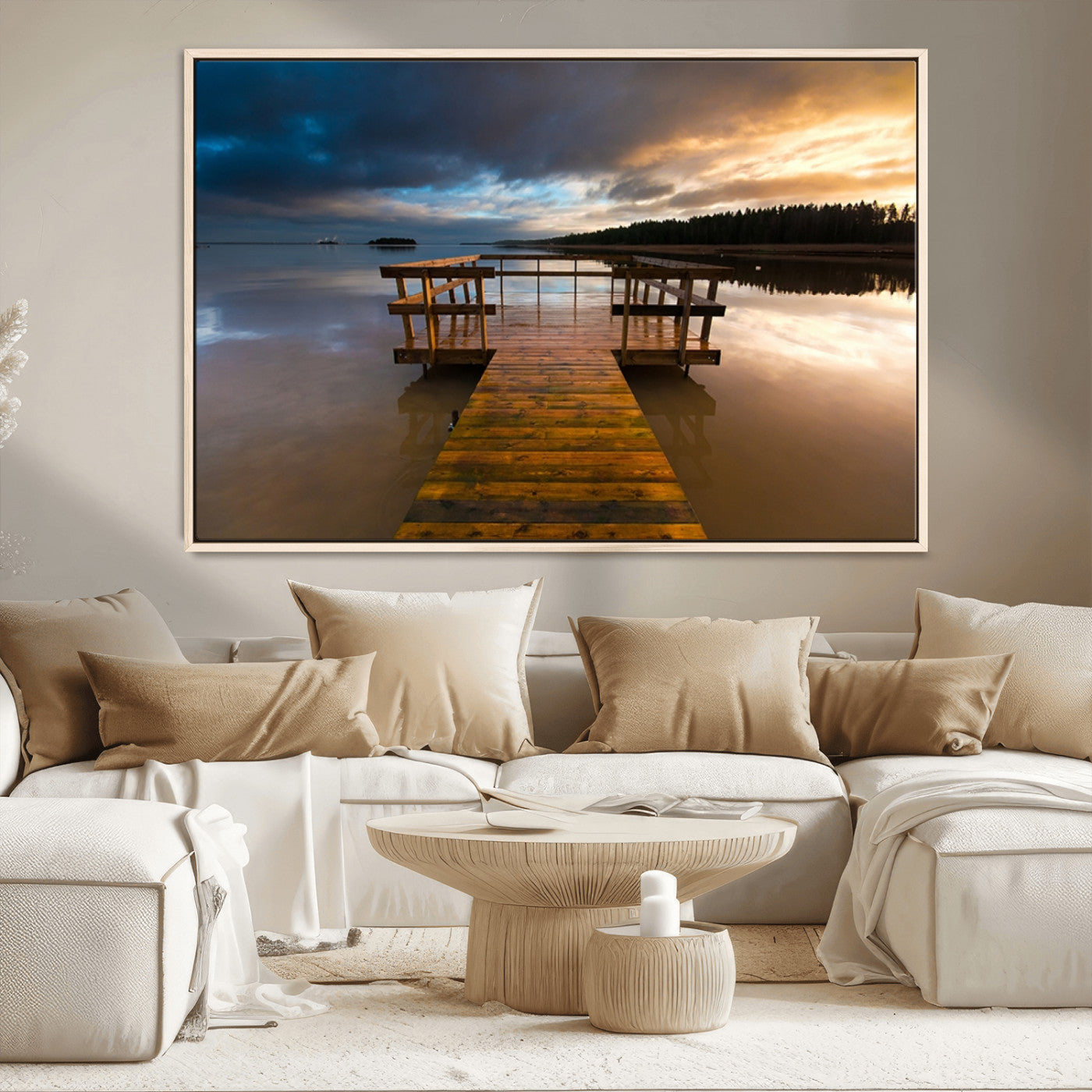 MGV-FC-36X24 - Serene Lake Pier at Sunset Canvas Print | Landscape Canvas Print | Ready to Hang and Framed Wall Art