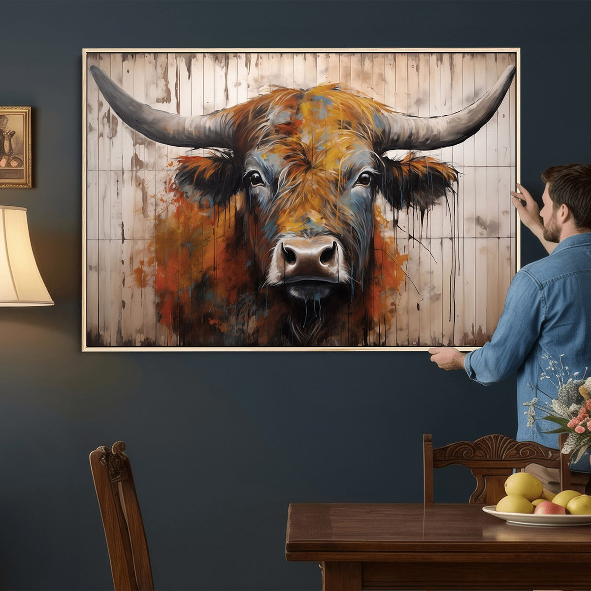 47284-MGV-CV-24X16 - Abstract Bull Highland Cow Canvas Wall Art Print