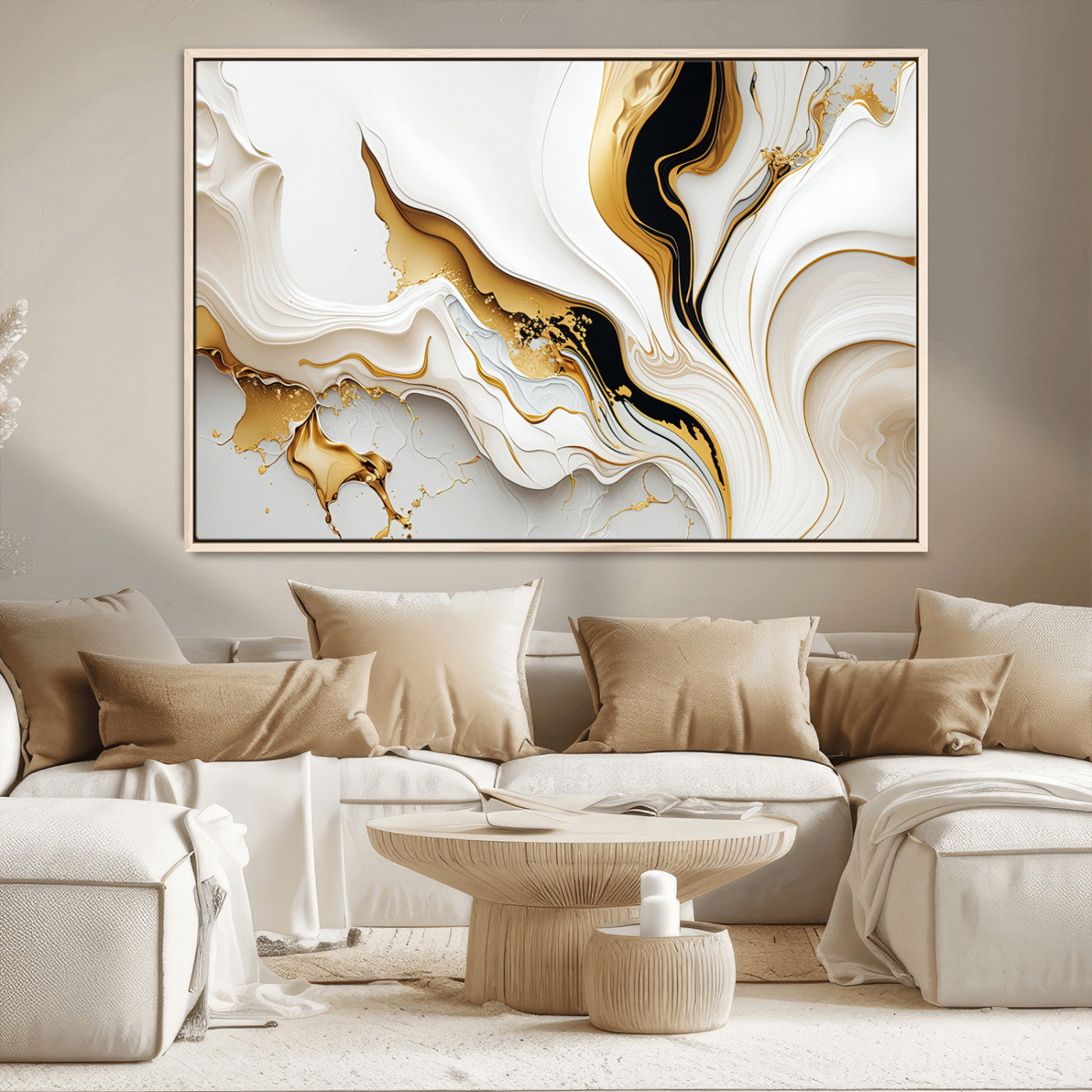 -Gold Waves on Pure White Canvas – Gold Abstract Art for Modern Interiors | Wall Art Canvas, Framed &