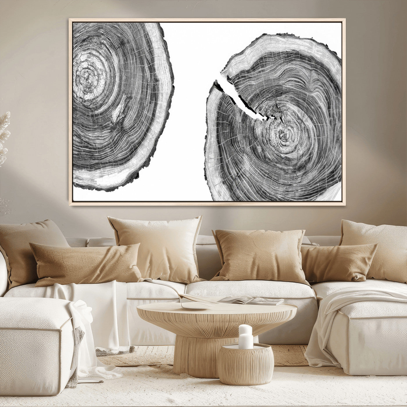 MGV-FC-36X24 - Modern Black and White Tree Rings Canvas Wall Art – Nature Inspired Wood Slice Print – Minimalist