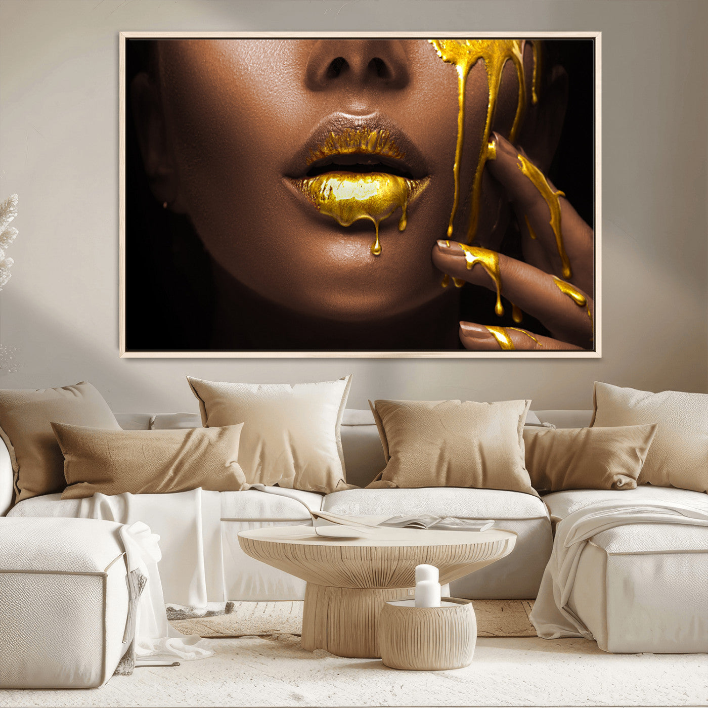 MGV-FC-36X24 - African American Art Black Woman Canvas Print, African Wall Art, Fashion African Woman Gold Lips