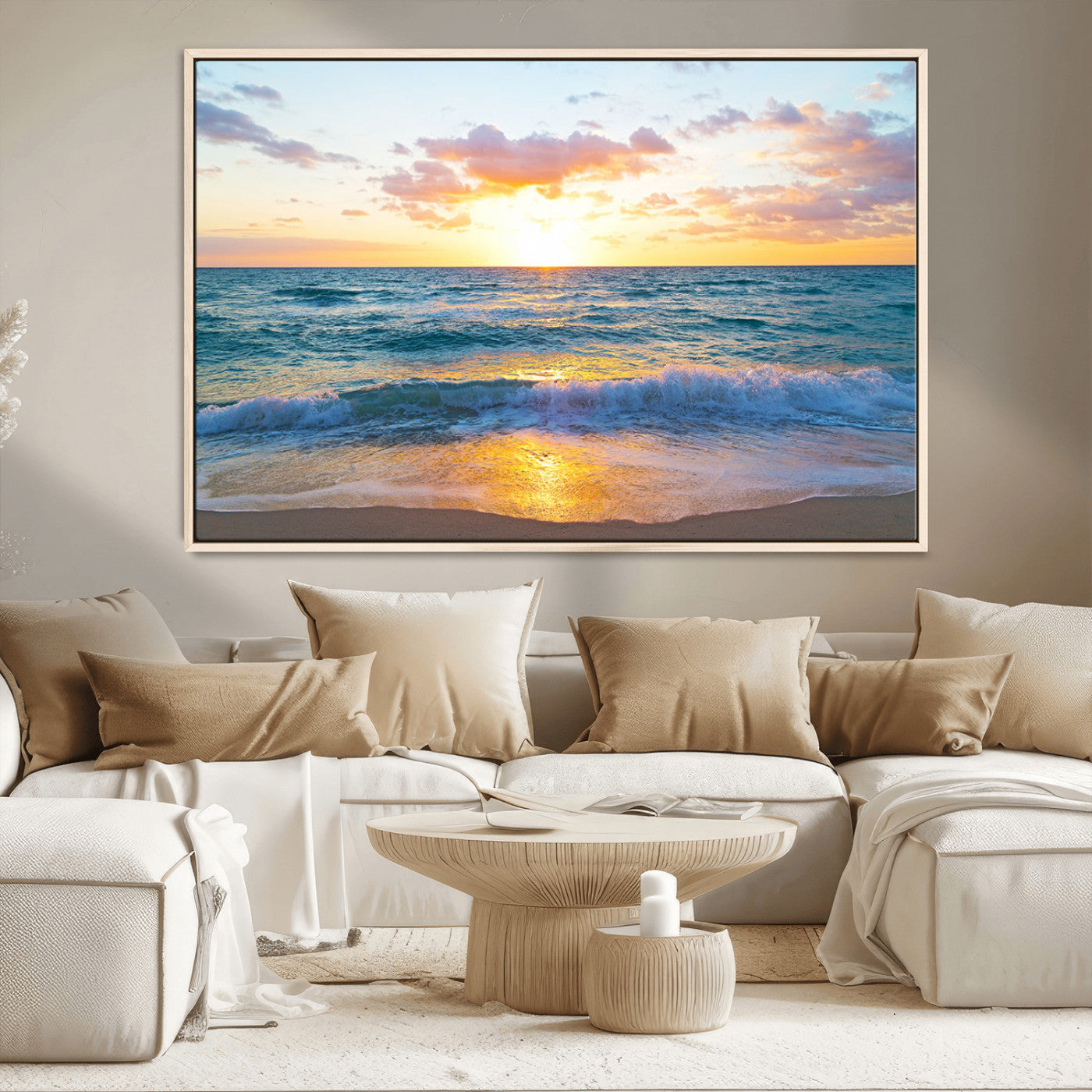 MGV-FC-36X24 - Golden Sunset Over Ocean Waves - Serene Coastal Triptych Wall Art for Relaxing Home Decor, Ready to