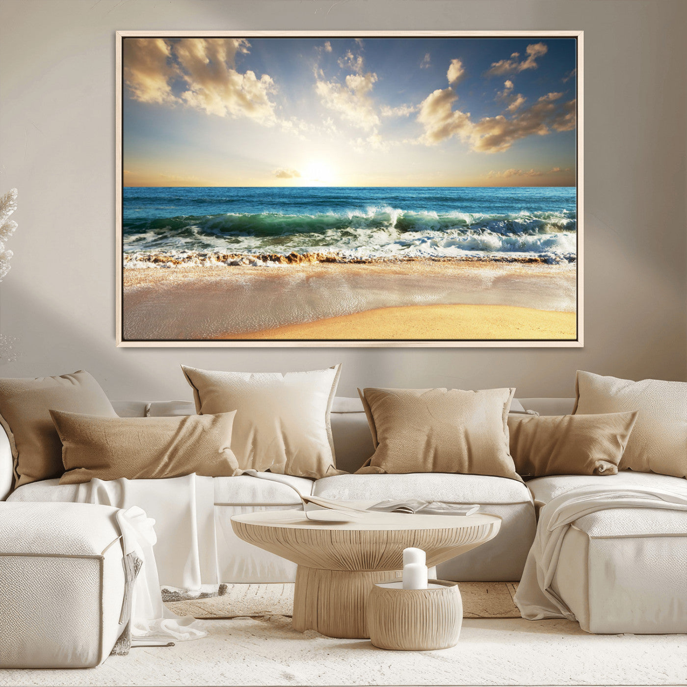 MGV-FC-36X24 - Golden Sunset Beach Triptych Canvas Wall Art for Living Room – 3-Panel Ocean View, Framed & Ready to