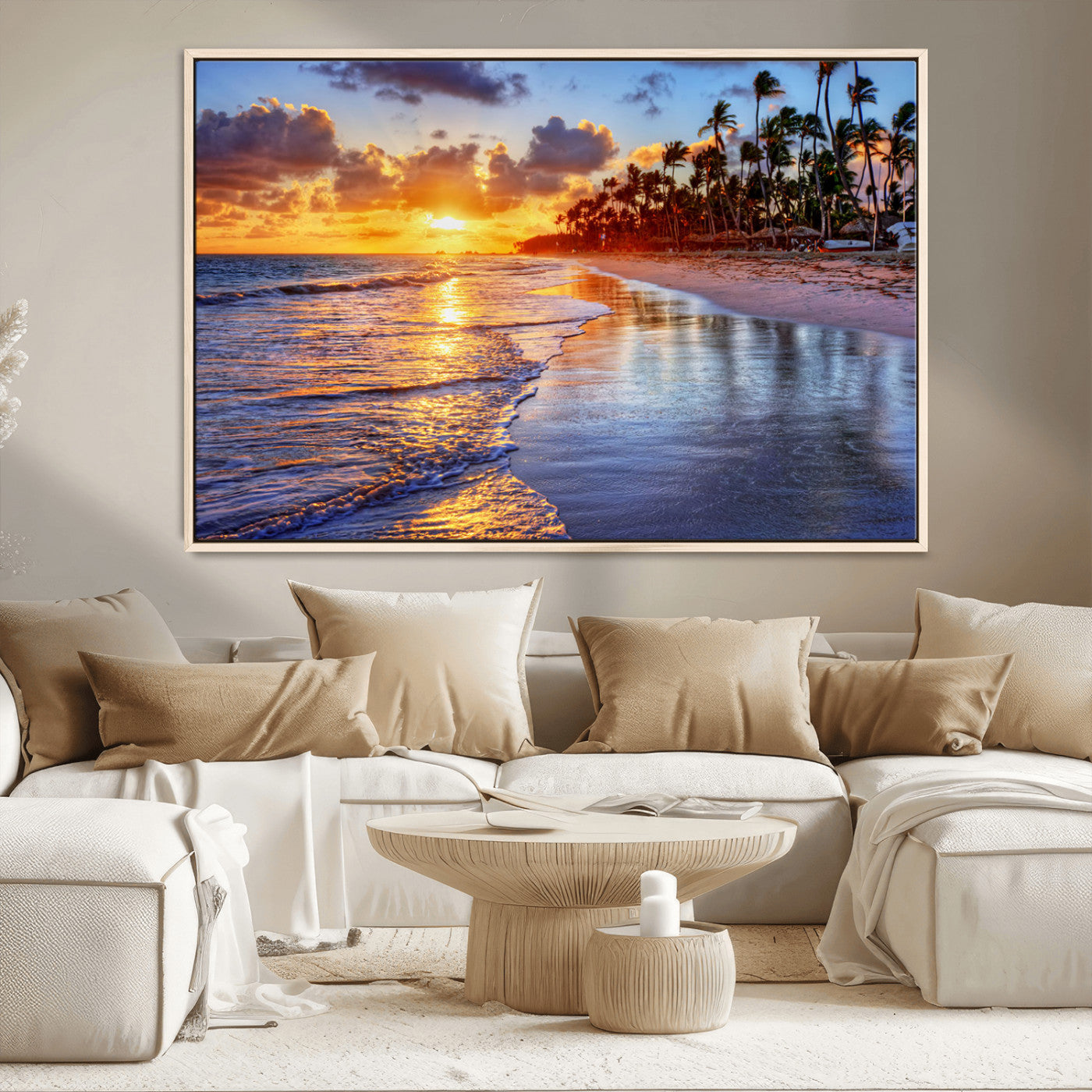 MGV-FC-36X24 - Serene Beach Sunset Wall Art Canvas- Coastal Seascape Print for Living Room or Bedroom, Ocean Waves
