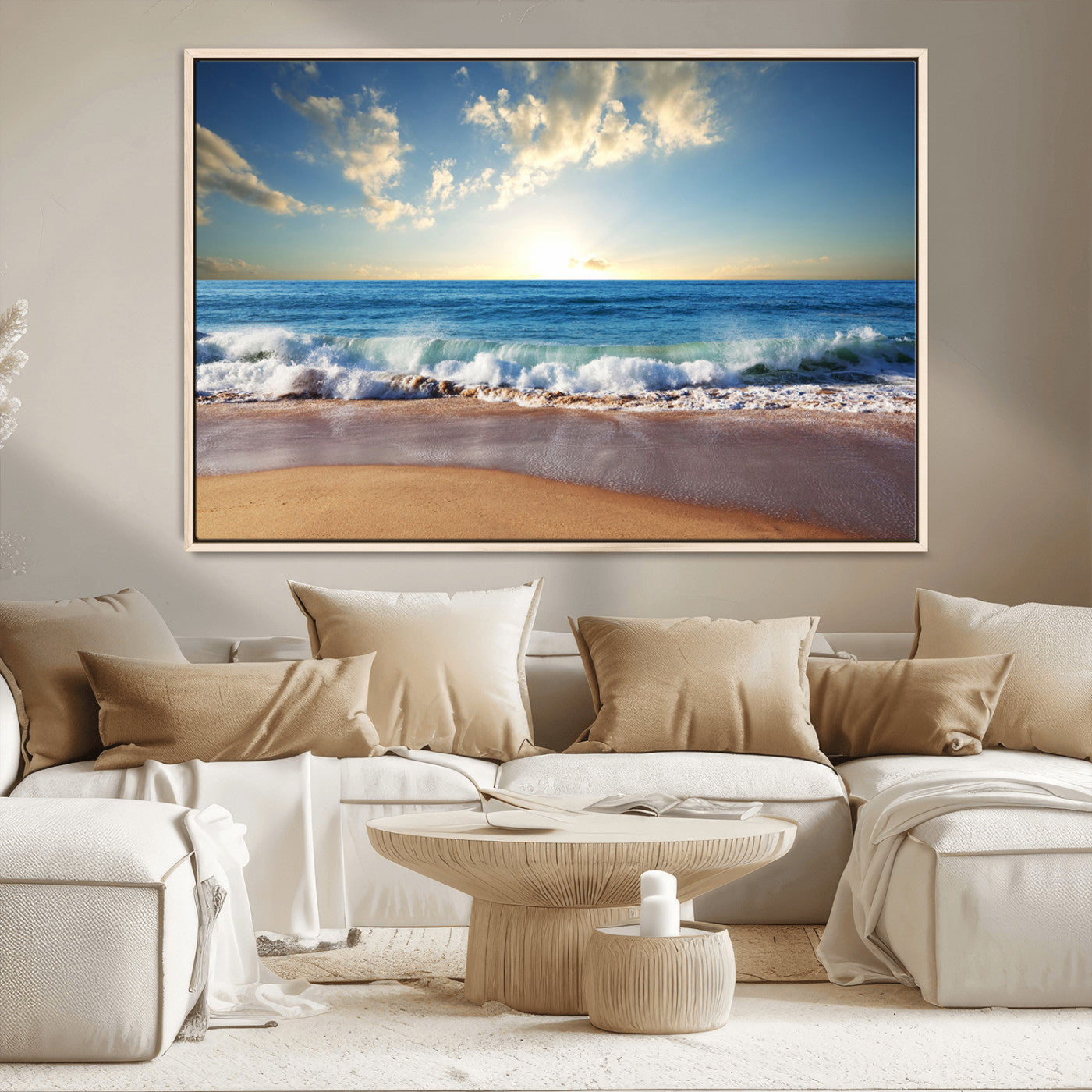 MGV-FC-36X24 - Serene Ocean Sunset Canvas Wall Art - Beach Waves at Sunset, Ready to Hang