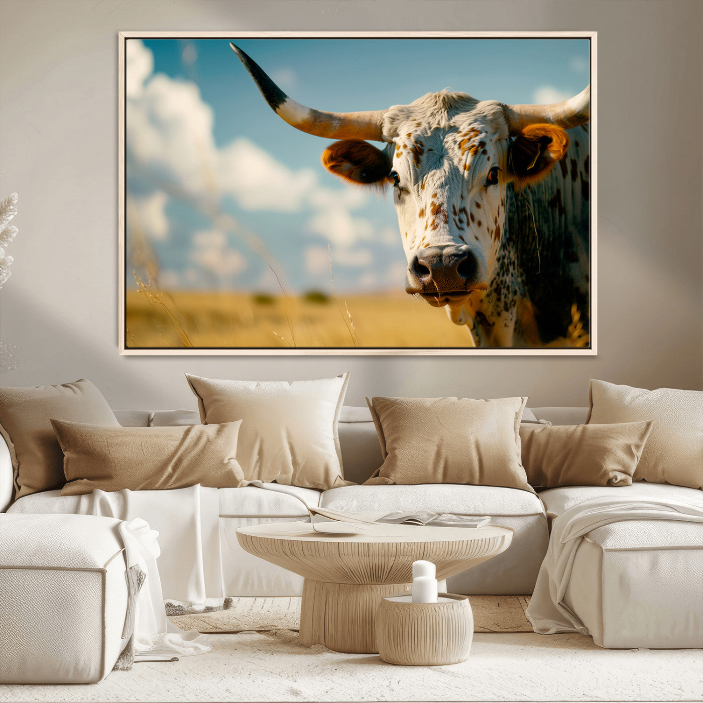 MGV-FC-36X24 - Longhorn in the Prairie - Stunning Ranch-Style Triptych Wall Art for Western Home Decor, Cowboy Wall