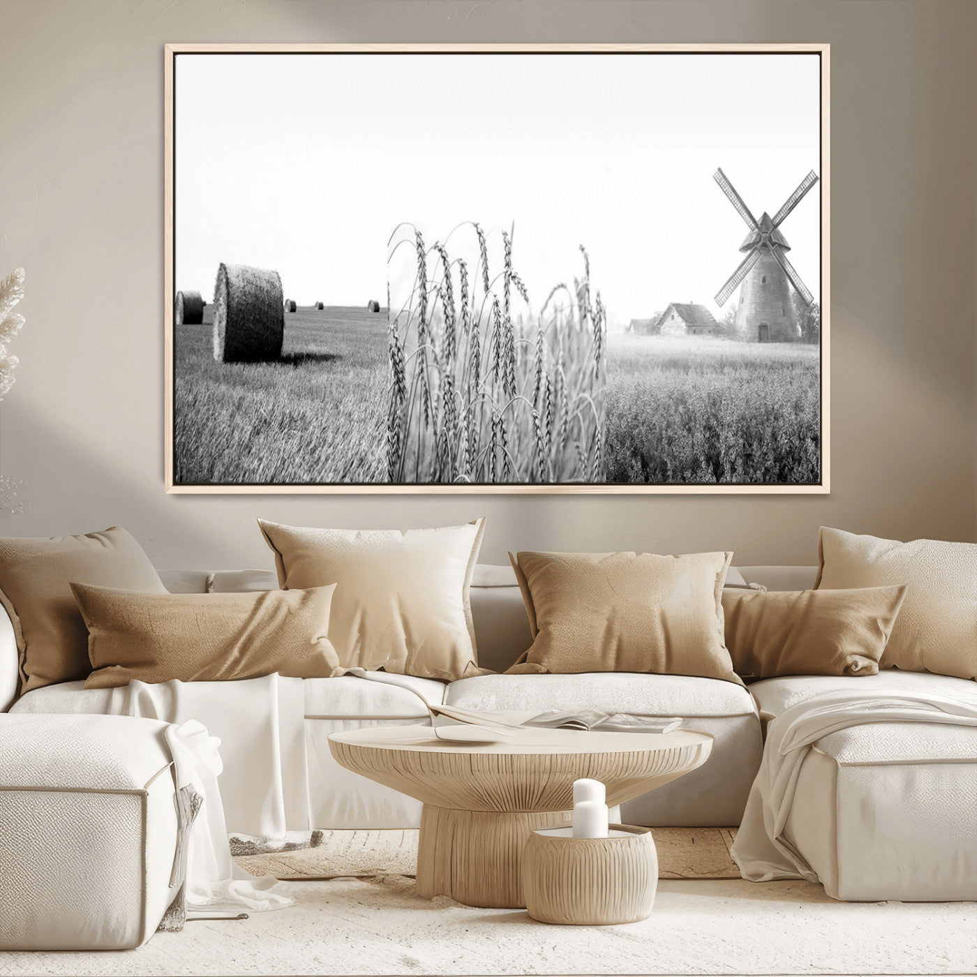 MGV-FC-36X24 - Vintage Farmhouse Black and White Triptych Wall Art – Giclee Canvas Featuring Wheat Fields, Hay