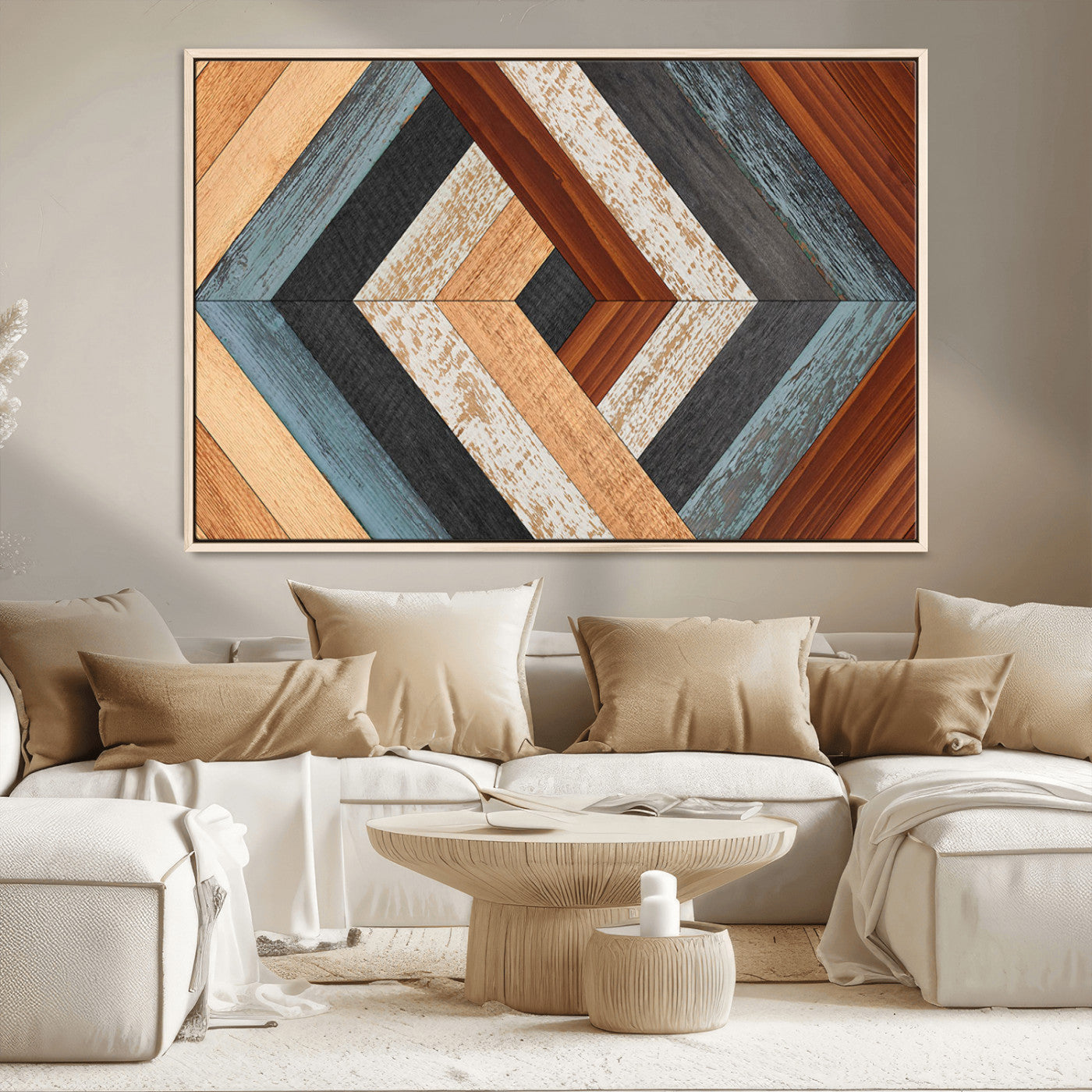 MGV-FC-36X24 - Geometric Wood Art Wall Decor Canvas Print, Rustic Wooden Pattern Triptych Wall Art for Living Room