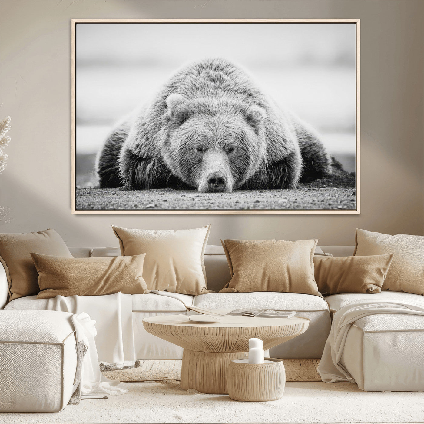 MGV-FC-36X24 - Resting Grizzly Bear Wall Art Canvas Print – Majestic Lazy Black and White Wildlife Bear Art,
