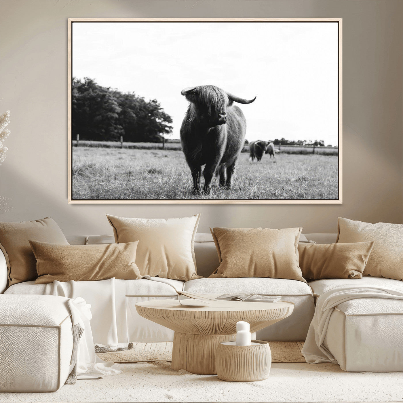 MGV-FC-36X24 - Black and White Highland Cow Wall Art Canvas Print | Rustic Western Decor for Living Room or Office,