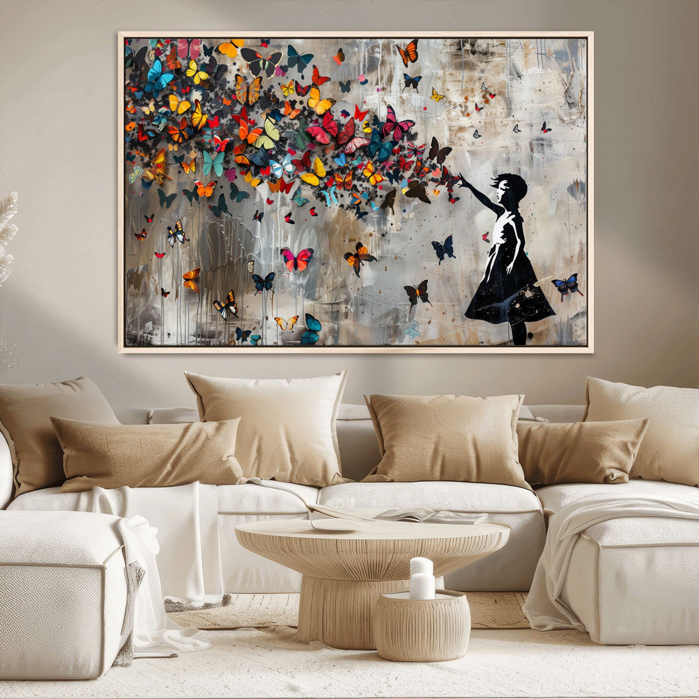 MGV-FC-36X24 - Banksy Wall Art - Banksy Girl and Butterfly Explosion Wall Art Canvas Print | Girl with Butterflies