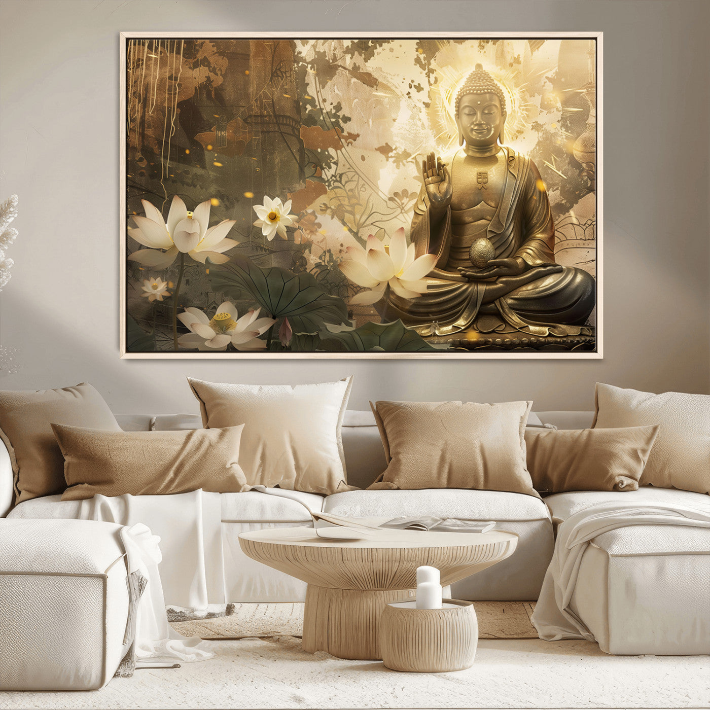 MGV-FC-36X24 - Zen Buddha Wall Art Canvas Print | Peaceful Meditation Decor with Lotus Flowers | Spiritual Serenity
