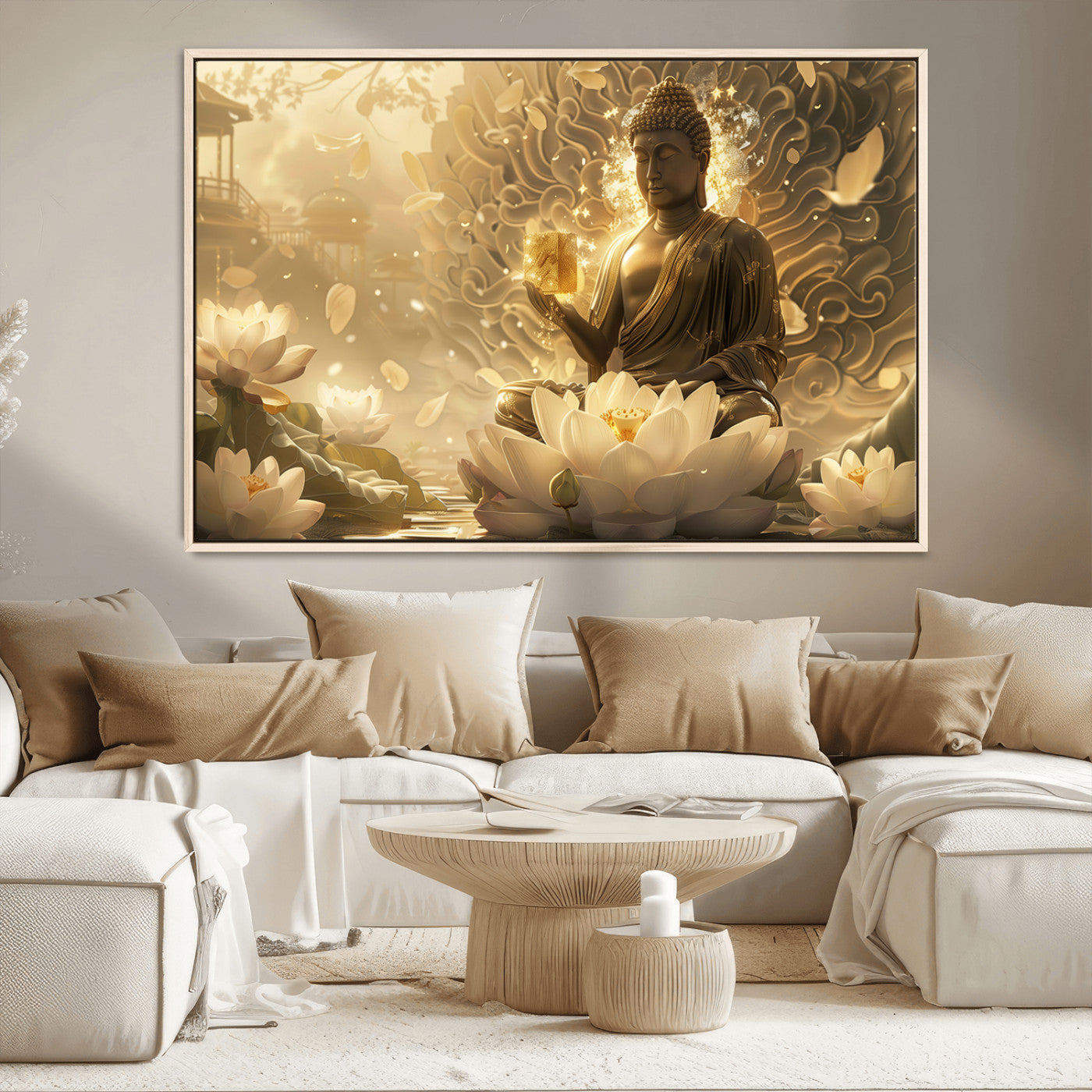 MGV-FC-36X24 - Golden Buddha Wall Art | Yoga Room Decor and Meditation Room Wall Art | Framed and Ready to Hang