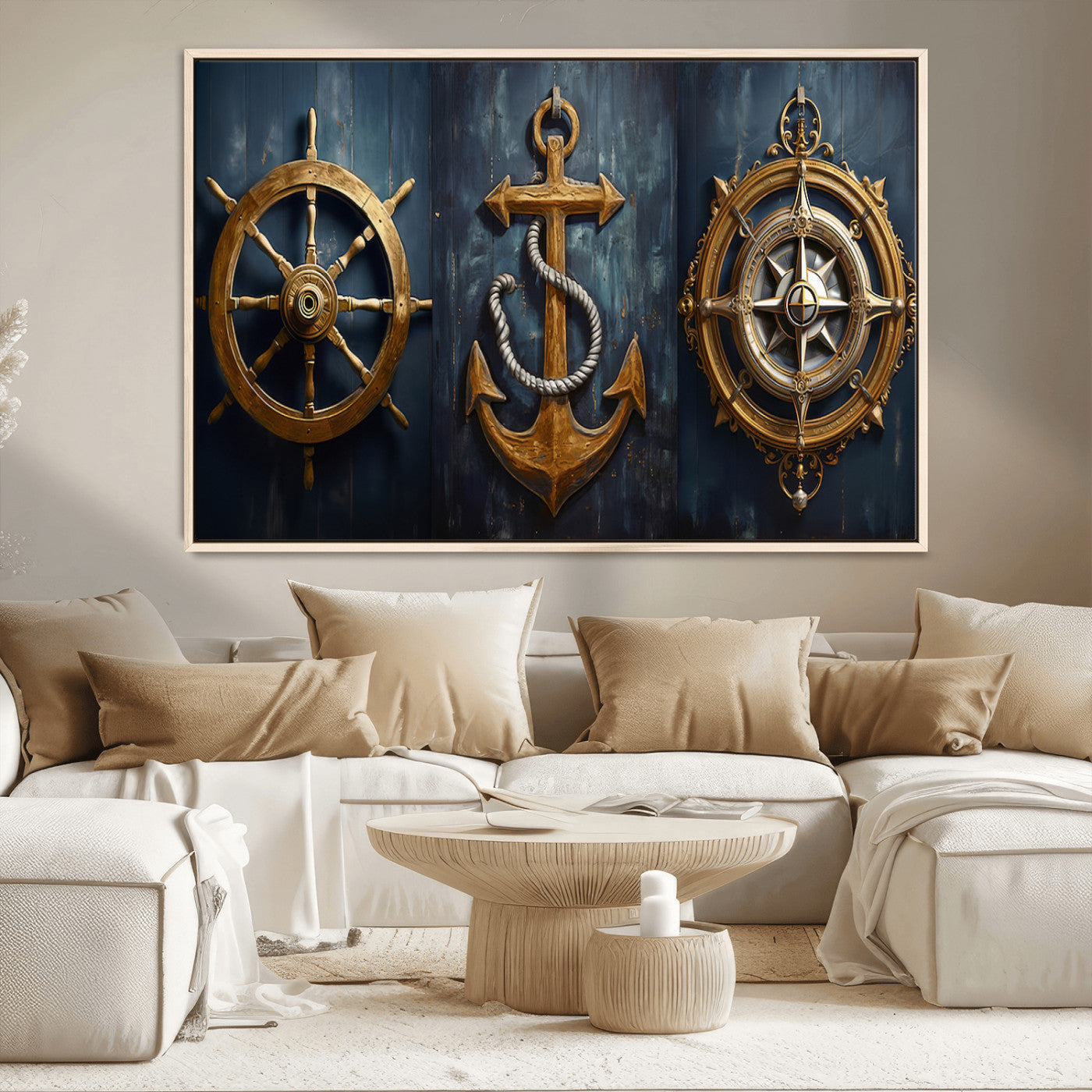 MGV-FC-36X24 - Boat Anchor Compass With Rope Wall Art Canvas Print | Beach House Wall Art