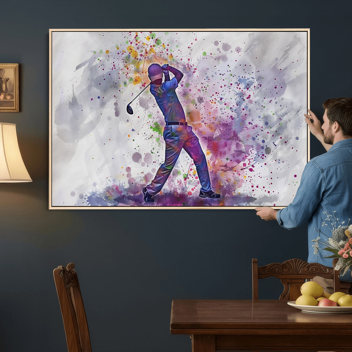 60116-MGV-CV-36X24 - Watercolor Golf Swing Wall Art Canvas Print, Vibrant, Framed and Ready to Hang