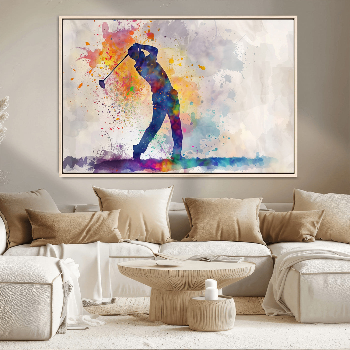MGV-FC-36X24 - Watercolor Golf Swing Wall Art Canvas Print | Vibrant Abstract Golf Player Silhouette |