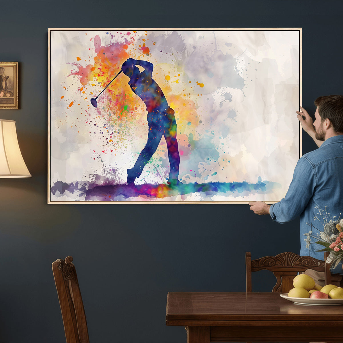 89625-MGV-CV-36X24 - Vibrant Watercolor Golf Swing Wall Art Canvas Print | Extra Large 3 Piece Canvas Wall Art