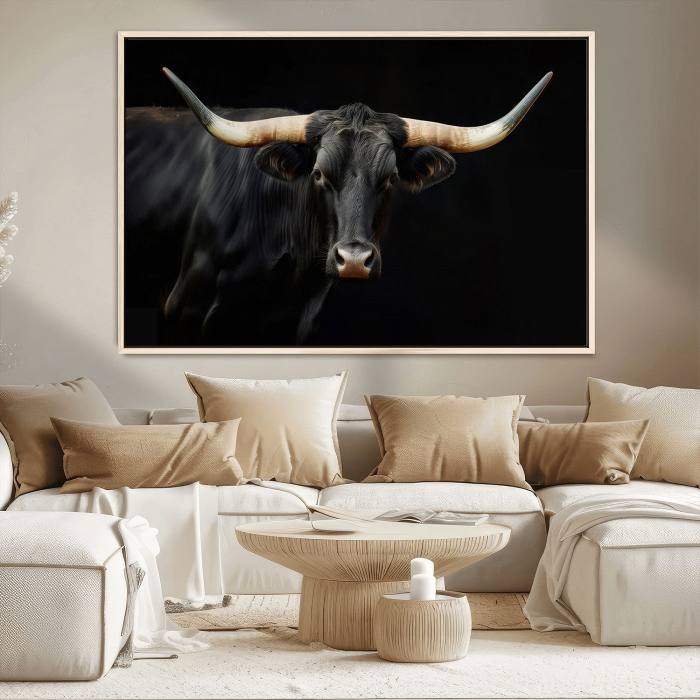 MGV-FC-36X24 - Texas Longhorn Cow | Majestic Black Bull Wall Art Canvas Print - Farmhouse Animal Decor - Ready to
