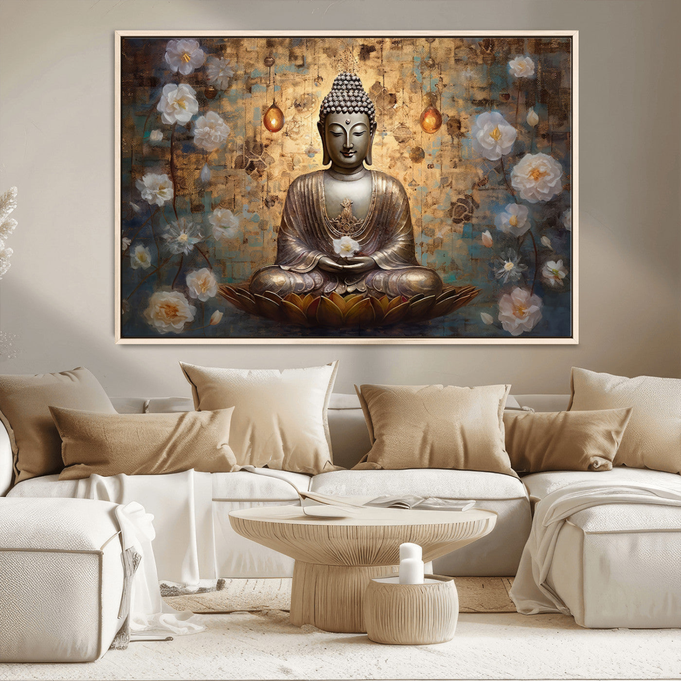 MGV-FC-36X24 - Golden Buddha Wall Art Canvas Print | Zen Meditation Floral Decor | Tranquil Spiritual Home Art |