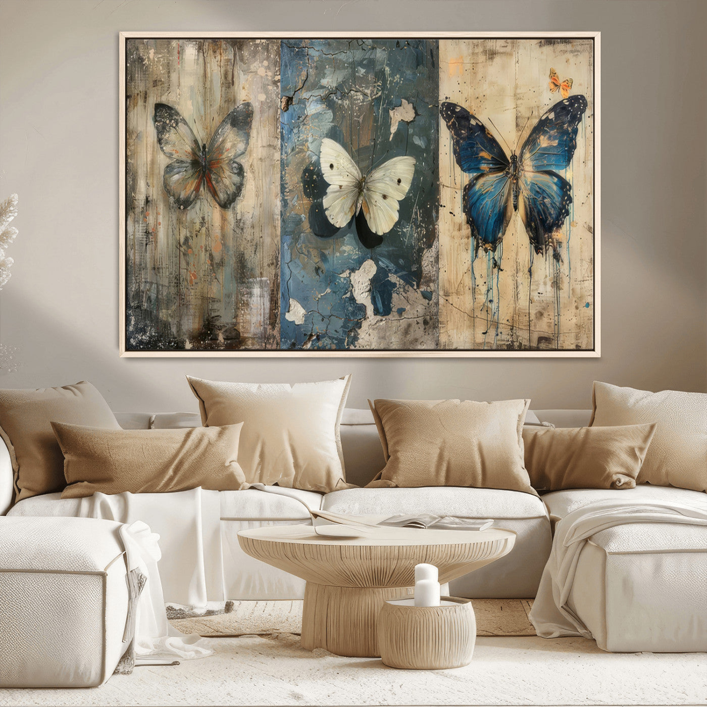 MGV-FC-36X24 - Butterfly Wall Art Trio | Vintage Butterfly Canvas Print | Ready to Hang Framed Artwork for