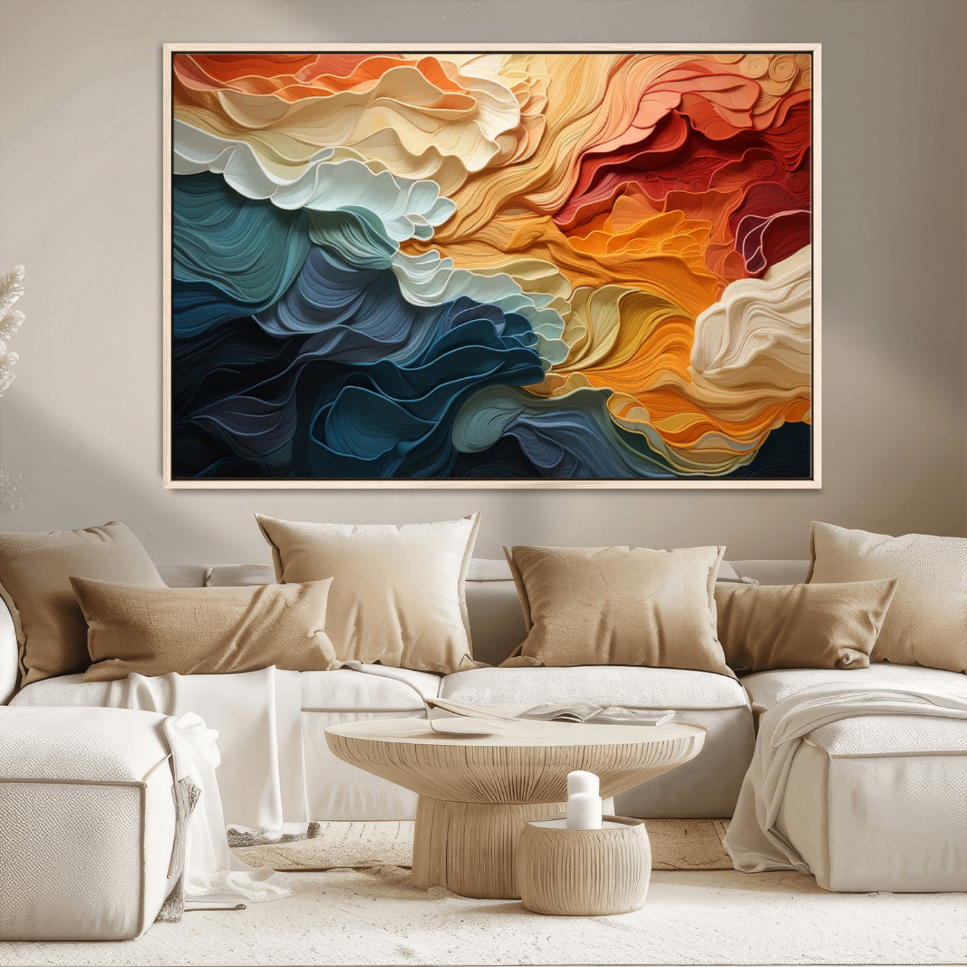 MGV-FC-36X24 - Blue Orange Abstract Wave Wall Art Canvas Print, Framed Blue Orange Wave Wall Art