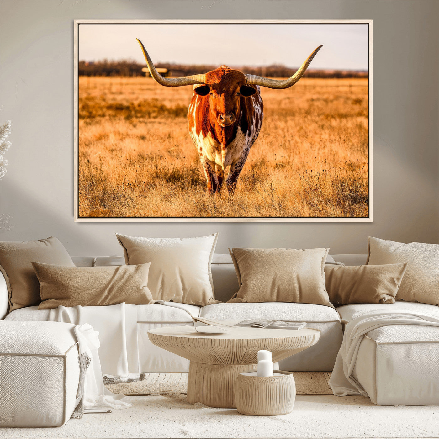 MGV-FC-36X24 - Longhorn Cow Wall Art | Ready to Hang Framed Canvas Print for Farmhouse and Barn Decor