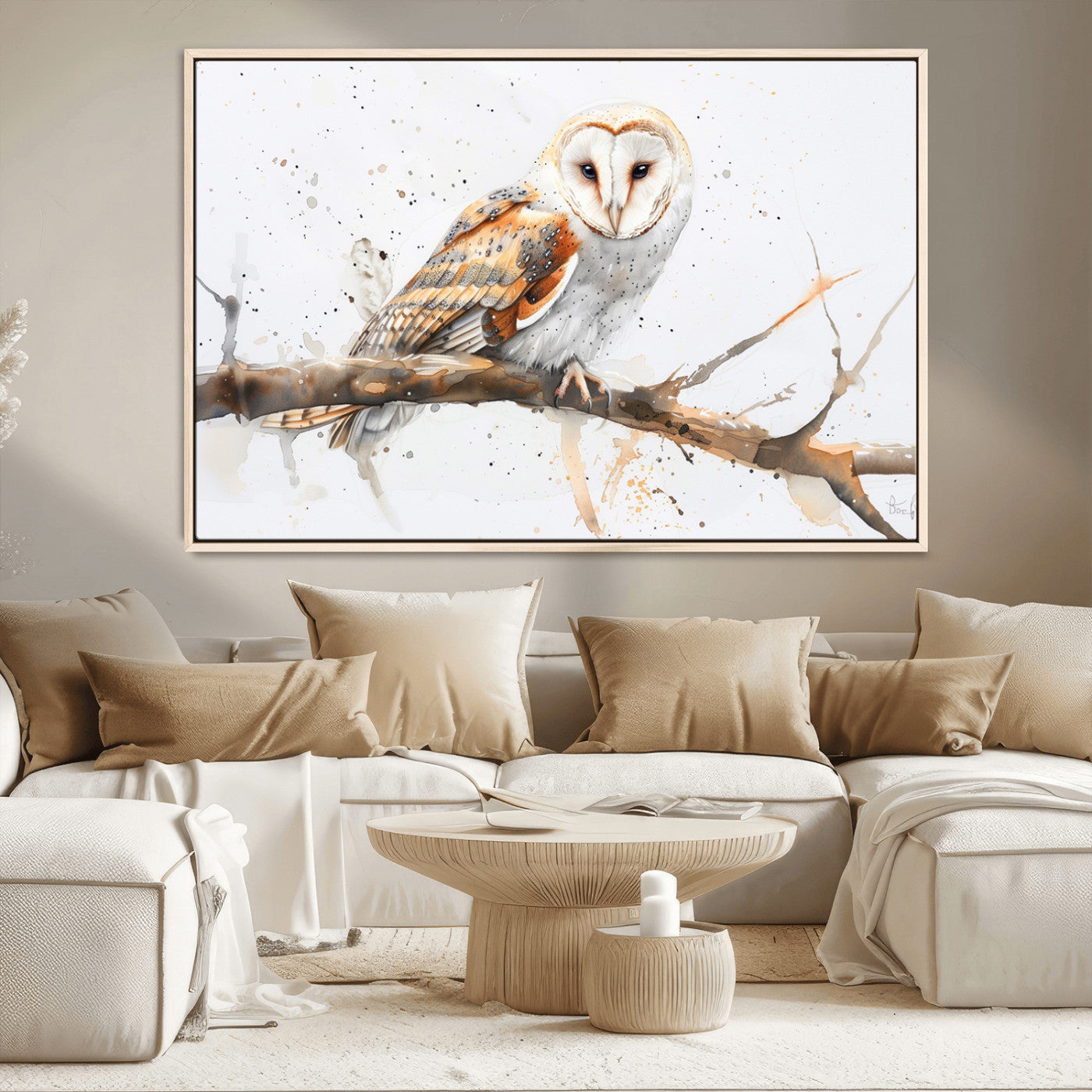 MGV-FC-36X24 - Barn Owl Wall Art on Branch | Stunning Canvas Print for Nature Lovers | Ready to Hang and Framed