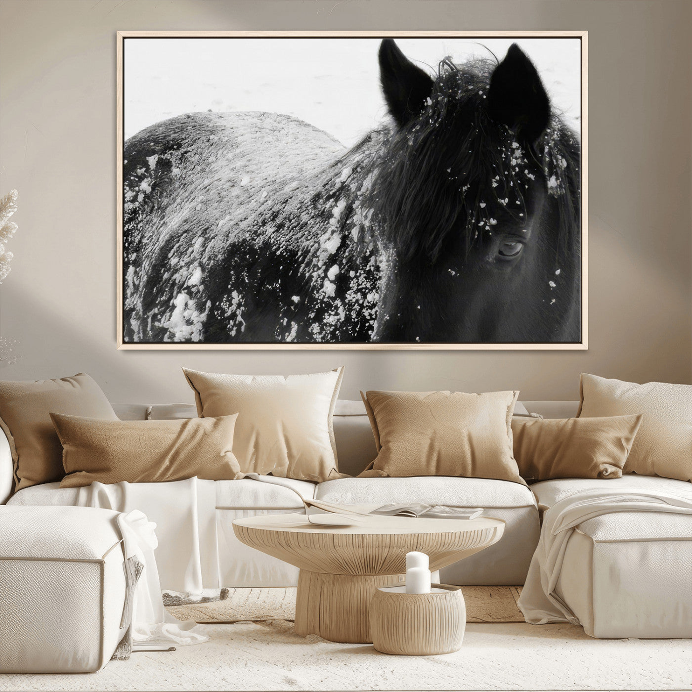 MGV-FC-36X24 - Black Horse in Snow Canvas Print | Winter Horse Wall Art | Ready to Hang and Framed | Farmhouse Wall