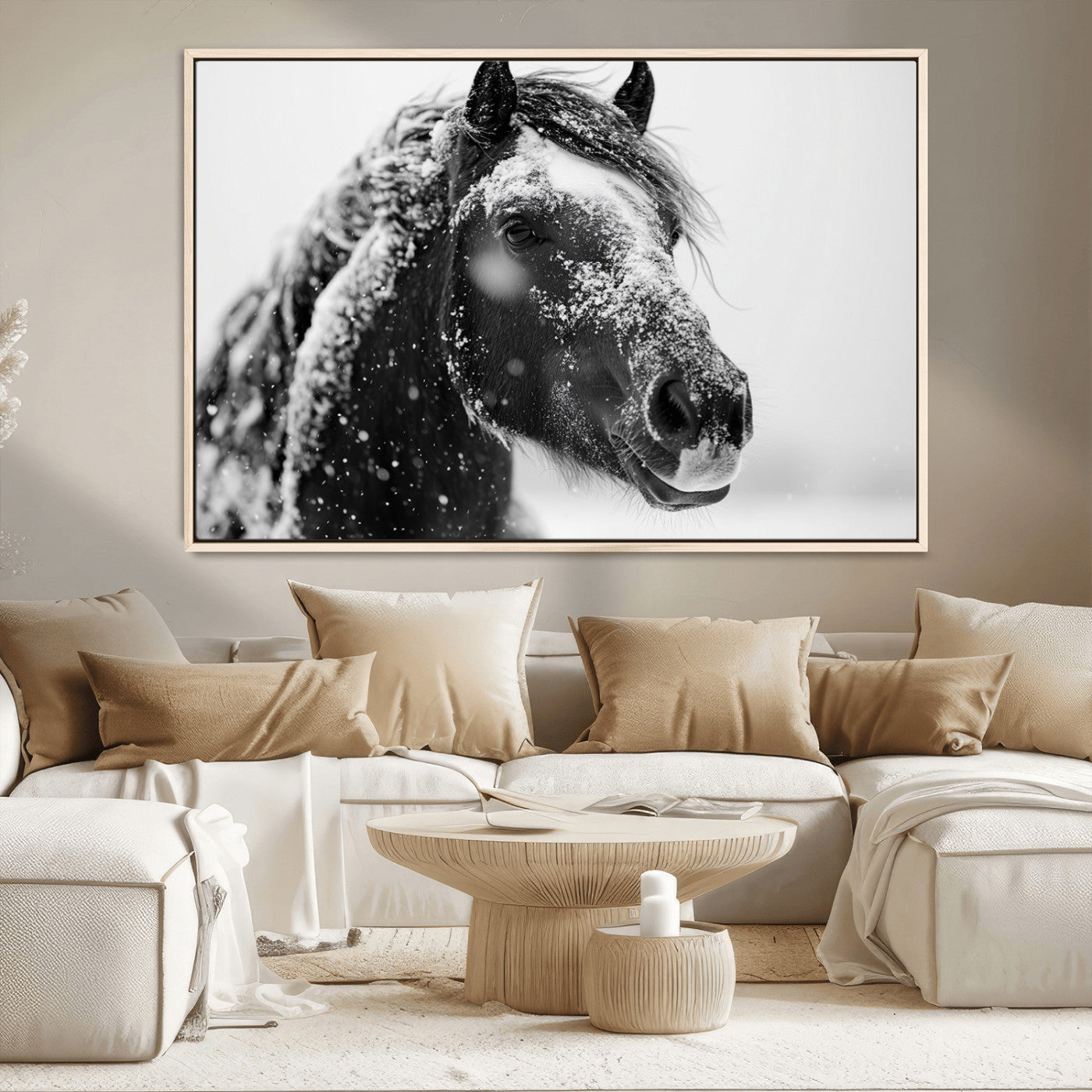 MGV-FC-36X24 - Winter Horse Canvas Print | Large 3-Panel Black White Equine Photography for Rustic Farmhouse Wall