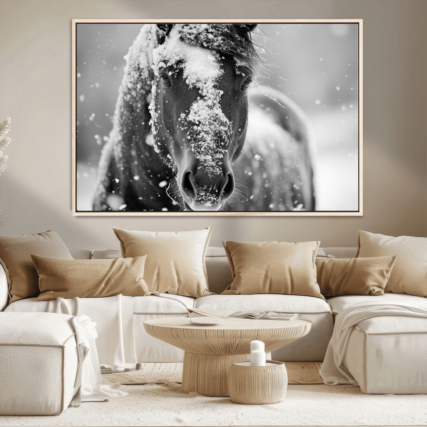 MGV-FC-36X24 - Black and White Horse Winter Wall Art | Ready to Hang and Framed | Farmhouse Wall Decor | Western