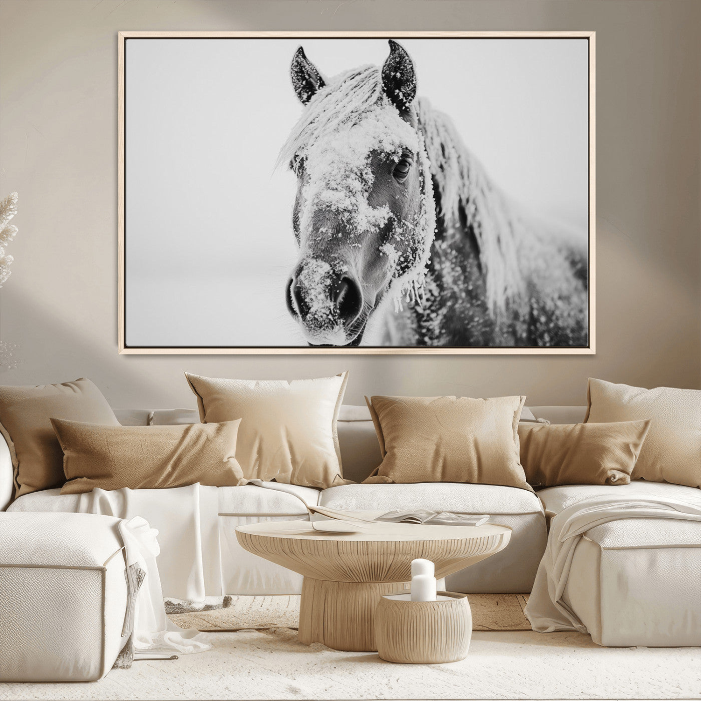 MGV-FC-36X24 - White Horse Wall Art | Ready to Hang and Framed | Winter Horse Wall Art Print for Farmhouse and