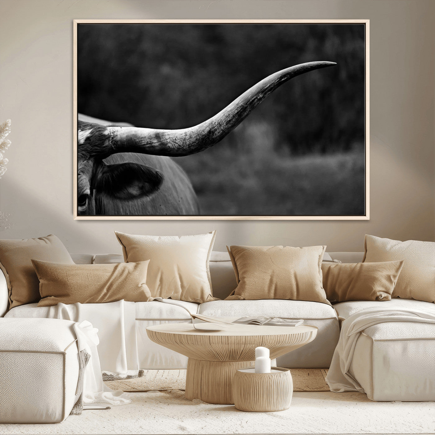 MGV-FC-36X24 - Cow Longhorn Wall Art | Black and White Print | Ready to Hang and Framed | Farmhouse Wall Decor |