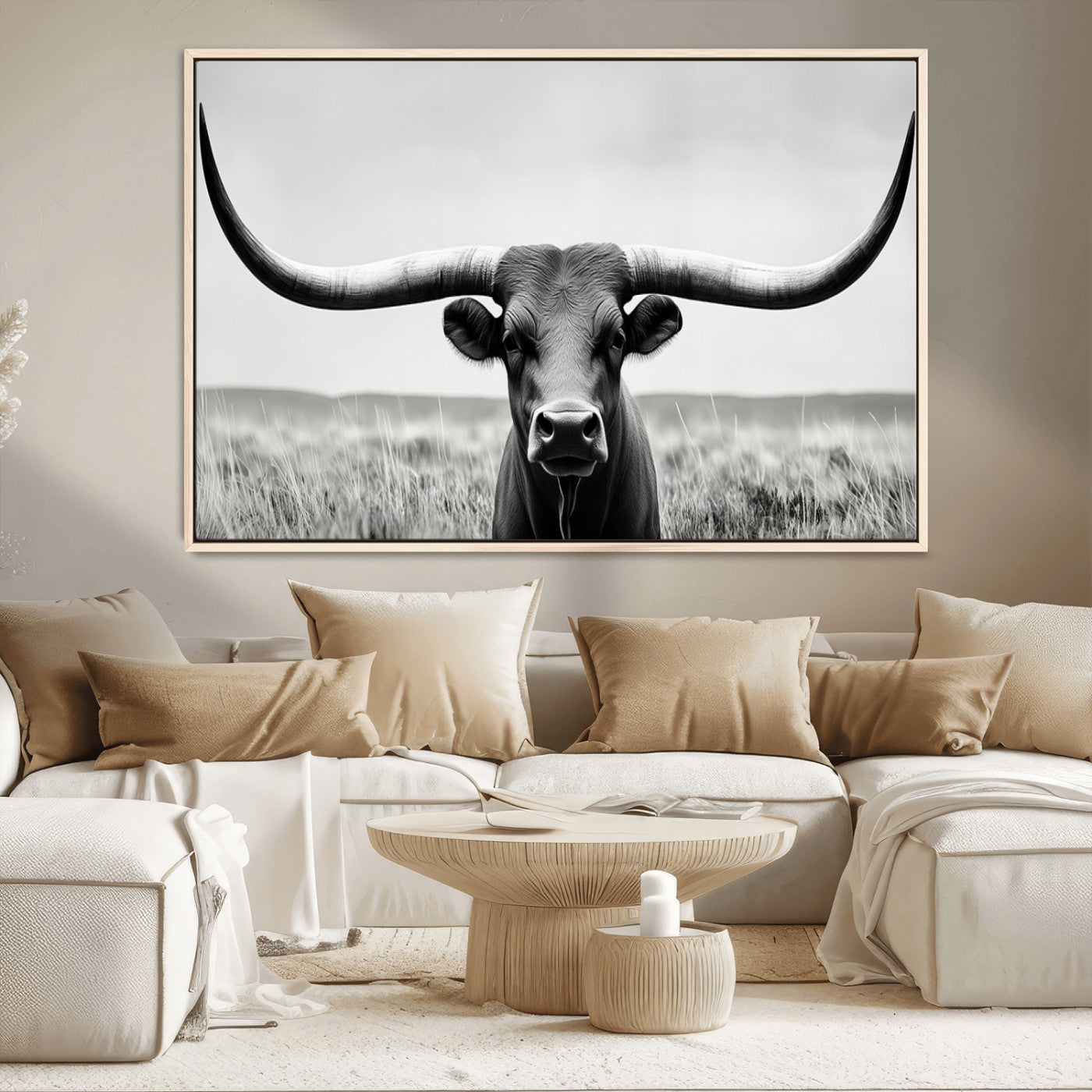 -Longhorn Bull Canvas Print | Rustic Farmhouse Wall Art | Western Decor | Ready to Hang and Framed