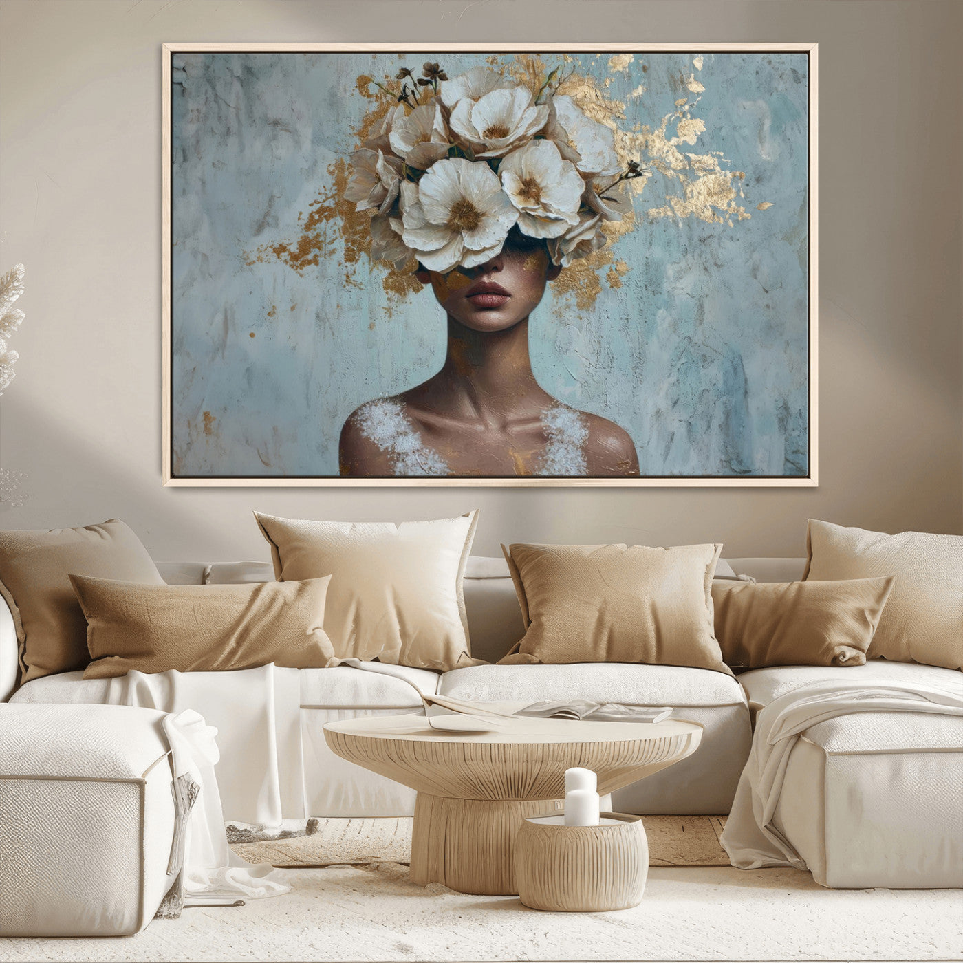 MGV-FC-36X24 - Golden Petal Wall Art - Petal Silhouette Woman Wall Art Canvas Print | Large 3-Panel Canvas with