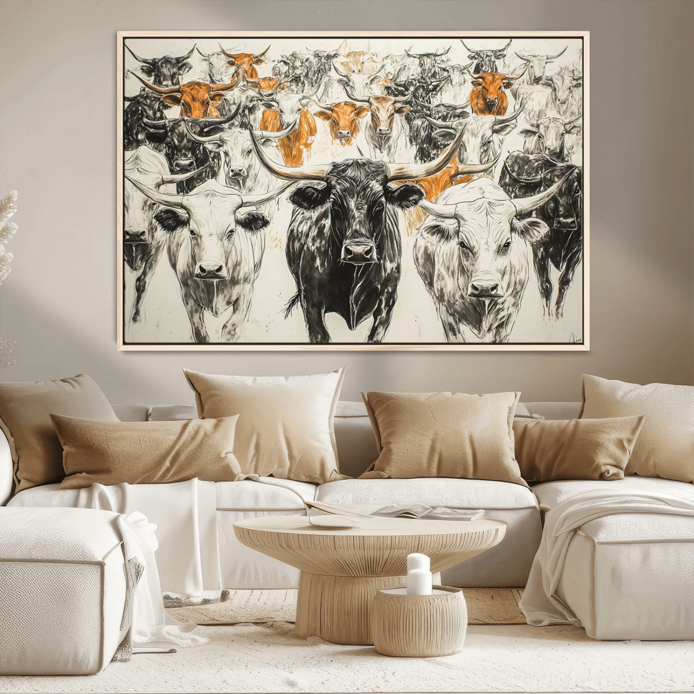 MGV-FC-36X24 - Texas Longhorn Wall Art - Herd Canvas Wall Art Print - Abstract Cow Drawing Wall Art Print for
