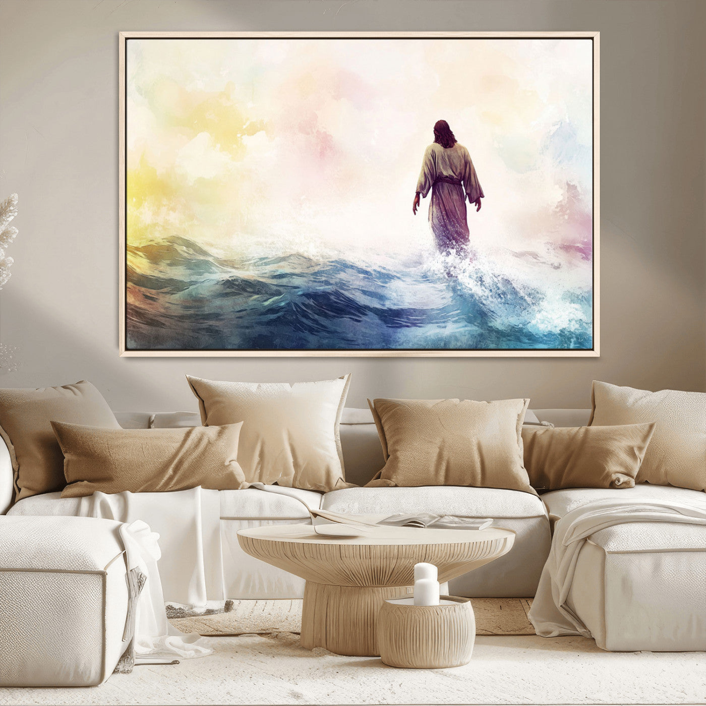 MGV-FC-36X24 - Watercolor Jesus Walking on Water Canvas Print, Christian Wall Art, Jesus Christ Walking