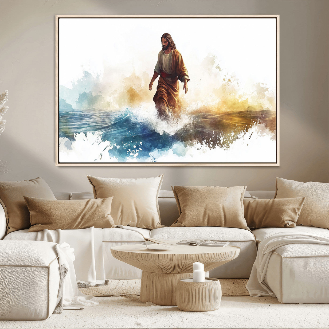 MGV-FC-36X24 - Watercolor Jesus Walking Wall Art Print, Jesus Water Canvas Print, Christian Wall Art, Jesus Christ