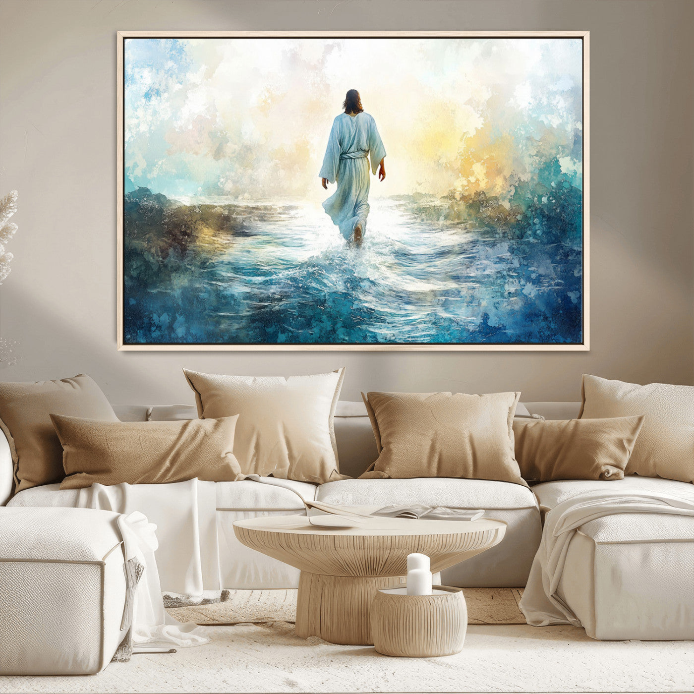 MGV-FC-36X24 - Watercolor Jesus Walking on Water Canvas Print, Christian Wall Art, Jesus Christ Walking