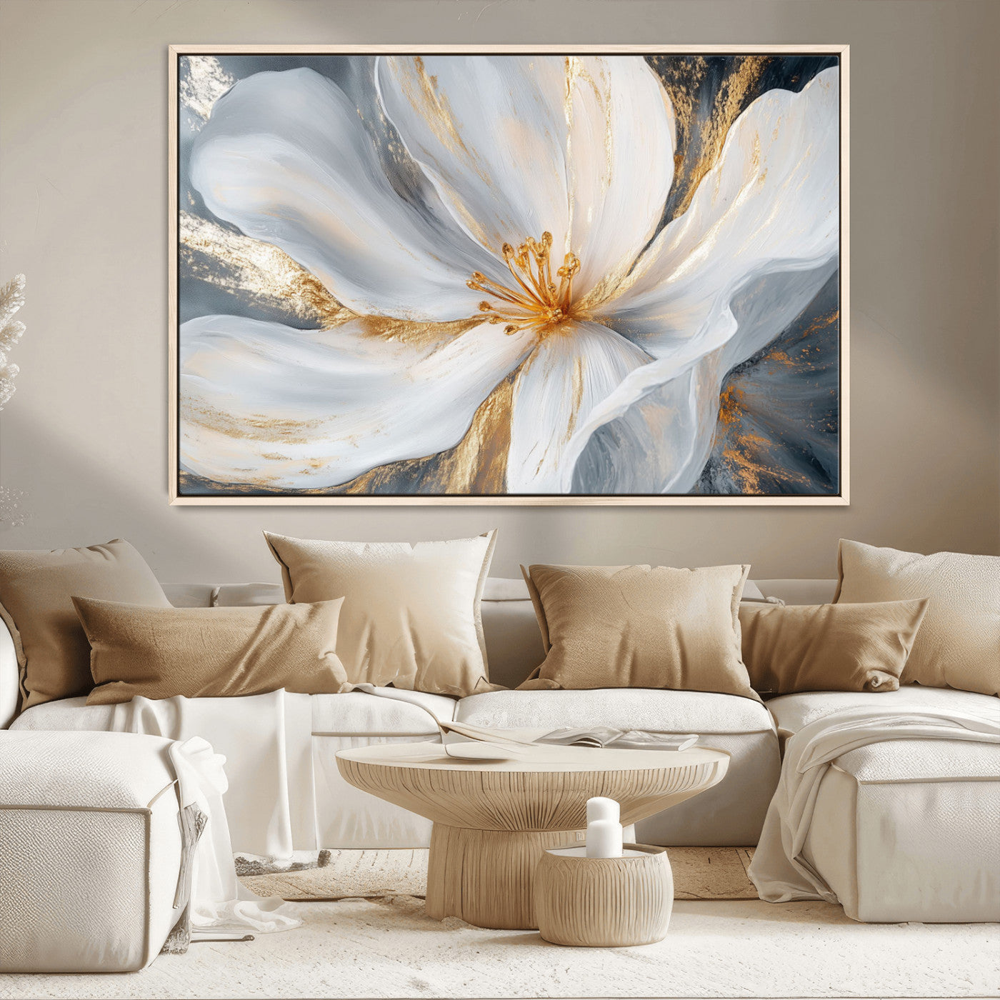 MGV-FC-36X24 - White and Gold Floral Canvas Wall Art - Framed and Ready to Hang - Perfect for Modern Living Rooms