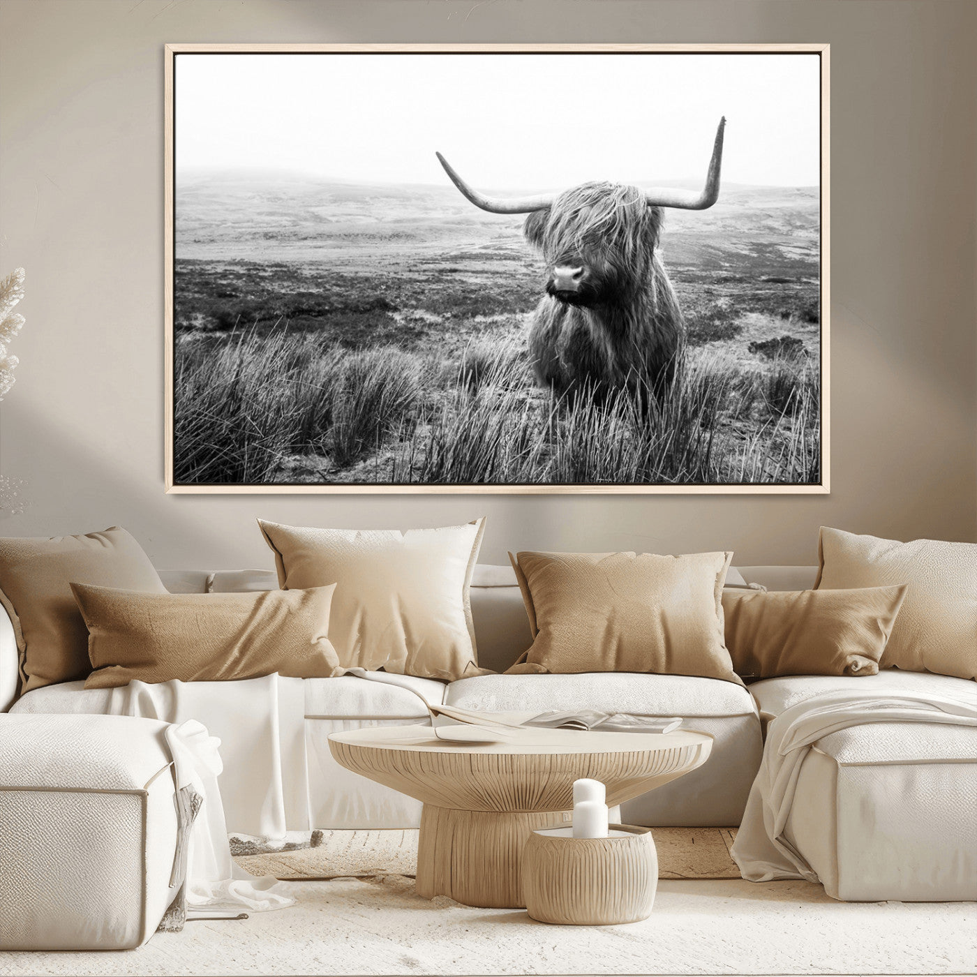 MGV-FC-36X24 - Scottish Highland Cow Wall Art | Black and White Canvas Print | Ready to Hang and Framed | Rustic