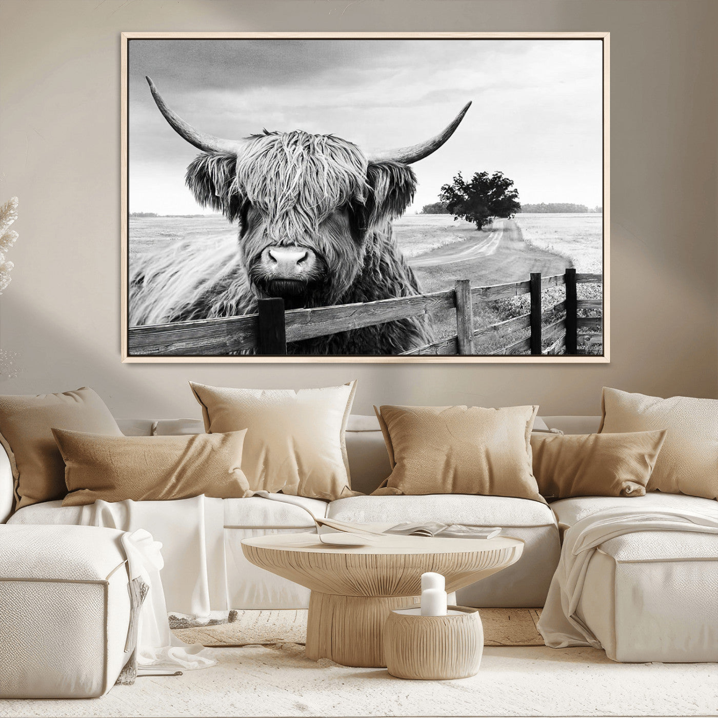 MGV-FC-36X24 - Scottish Highland Cow Wall Art | Rustic Farmhouse Décor | Black and White Ready to Hang Canvas Print