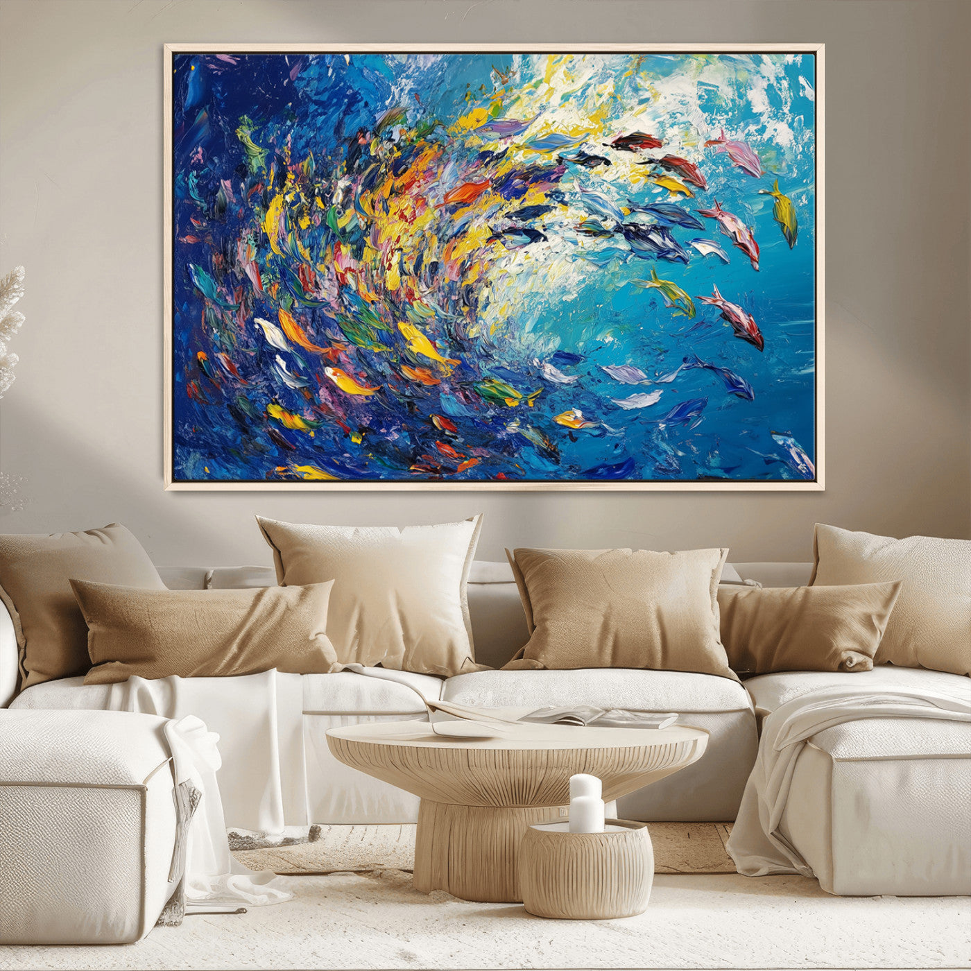 MGV-FC-36X24 - Colorful Swirling Fish School Wall Art Canvas Print | Oceanic Abstract Painting | Ready to Hang |