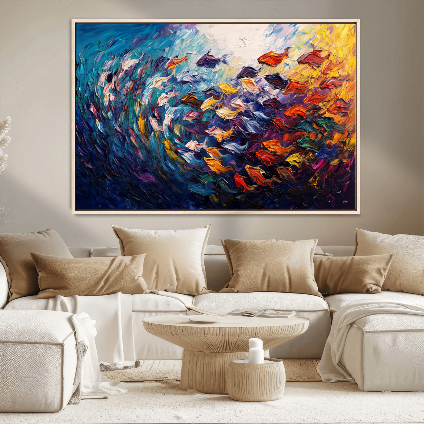 MGV-FC-36X24 - Vibrant Abstract Fish Swarm Art – Colorful Fish Inspired 3-Piece Canvas Wall Art for Living Room or