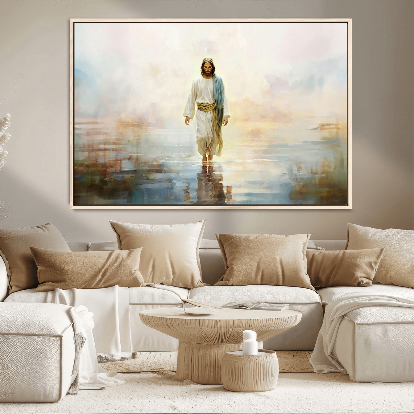 MGV-FC-36X24 - Framed Jesus Walking on Water Wall Art - 3-Panel Christian Canvas Prints, Religious Artwork for