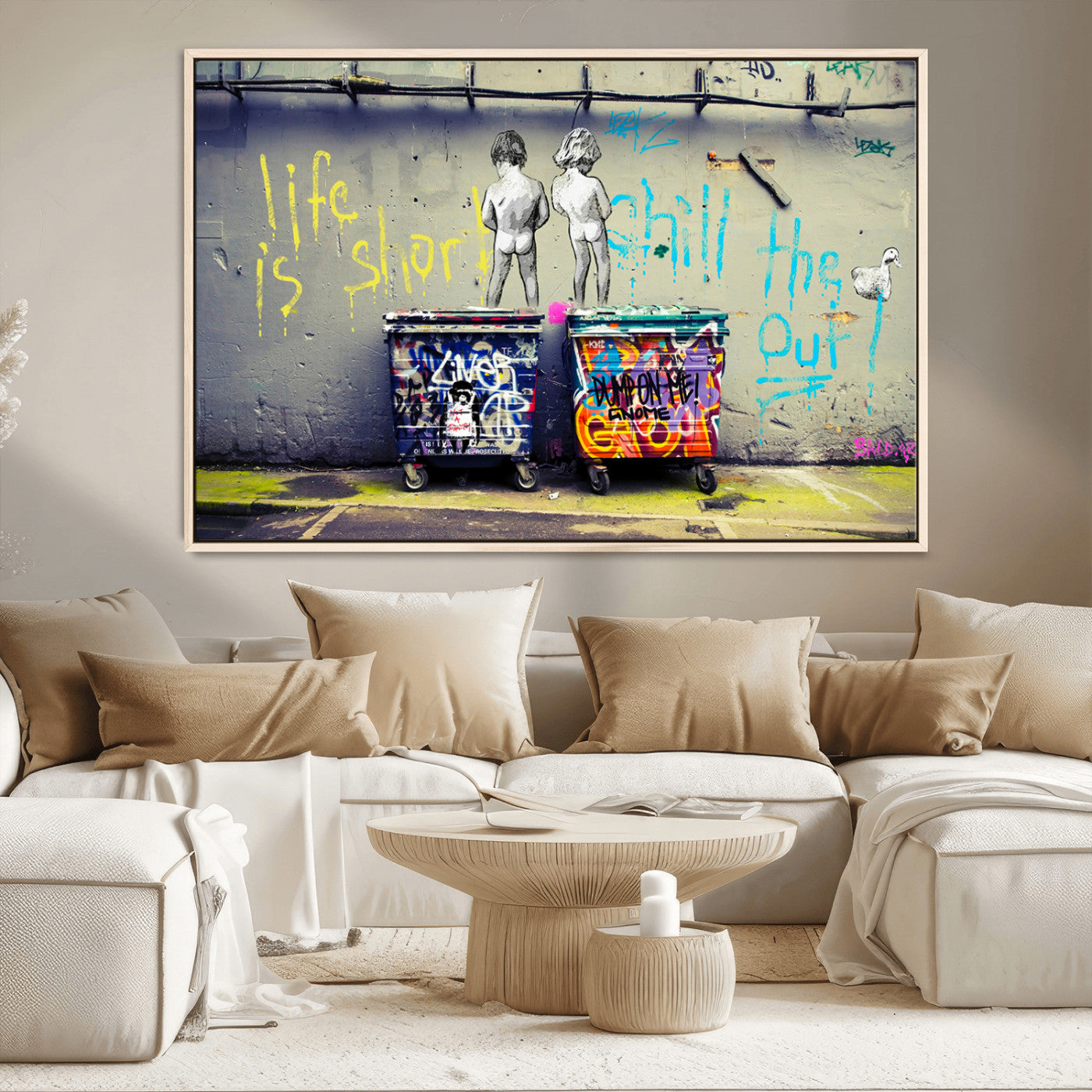 MGV-FC-36X24 - Banksy Life is Short Wall Art - Iconic Graffiti Art on Framed Ready-to-Hang Canvas - Street Art