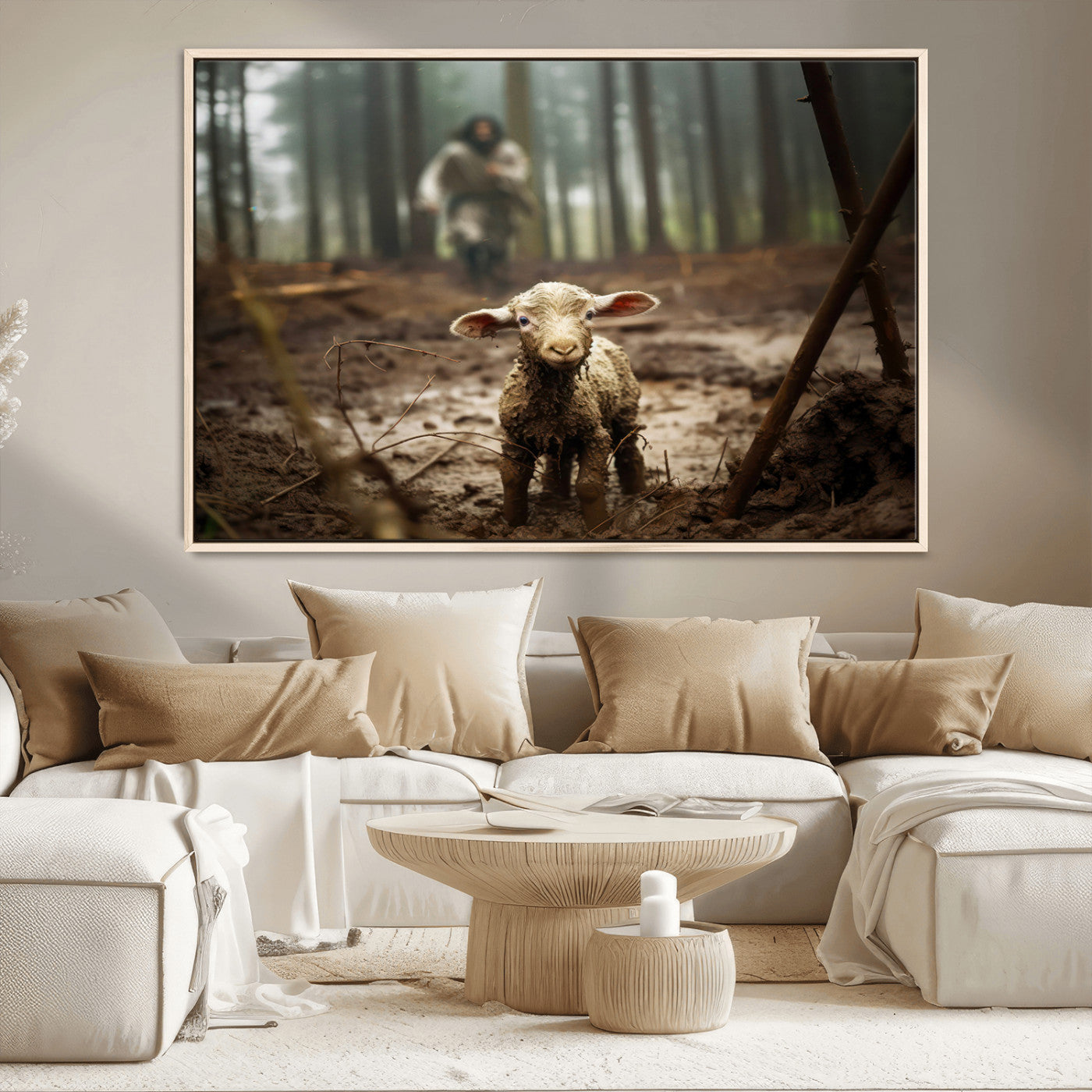 MGV-FC-36X24 - Jesus Running After a Lost Lamb Canvas Wall Art Print